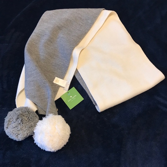 Kate Spade Heather Gray/ Cream color block muffler Pom Pom scarf NWT - Picture 3 of 6
